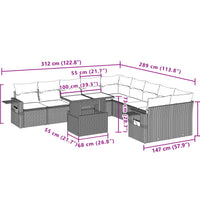 11-tlg. Garten-Sofagarnitur mit Kissen Schwarz Poly Rattan