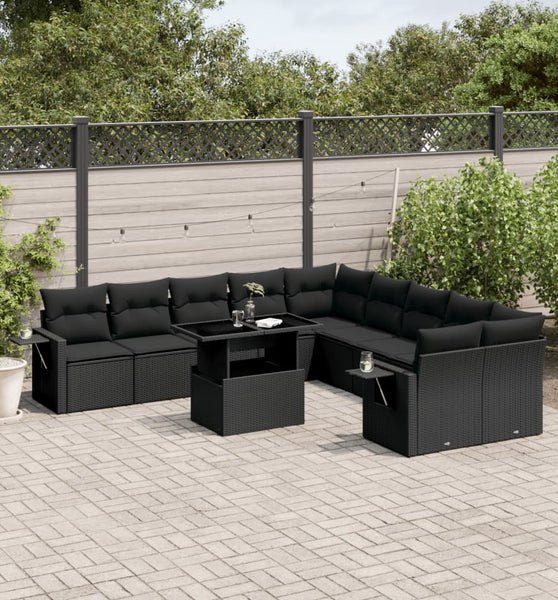 11-tlg. Garten-Sofagarnitur mit Kissen Schwarz Poly Rattan
