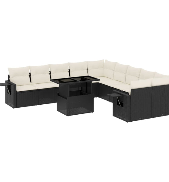 11-tlg. Garten-Sofagarnitur mit Kissen Schwarz Poly Rattan