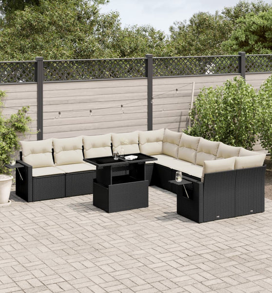 11-tlg. Garten-Sofagarnitur mit Kissen Schwarz Poly Rattan