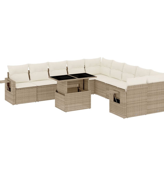11-tlg. Garten-Sofagarnitur mit Kissen Beige Poly Rattan