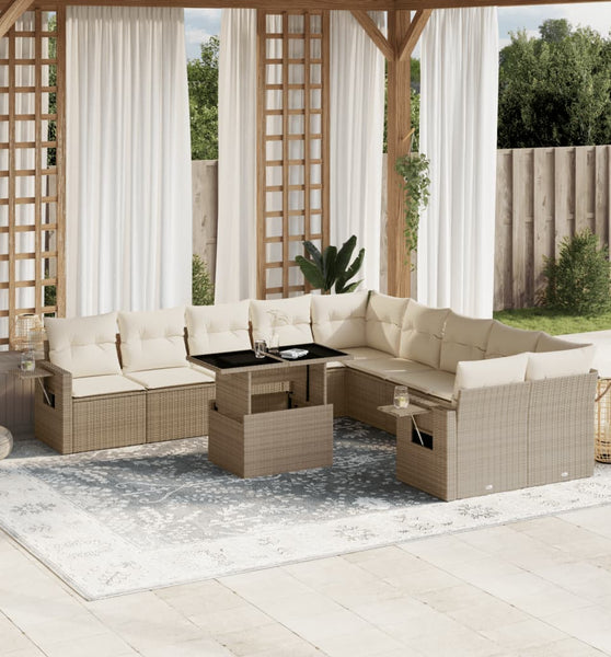 11-tlg. Garten-Sofagarnitur mit Kissen Beige Poly Rattan