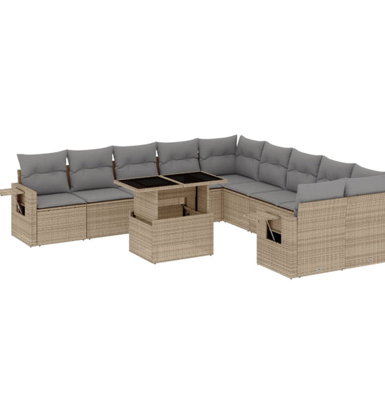 11-tlg. Garten-Sofagarnitur mit Kissen Beige Poly Rattan