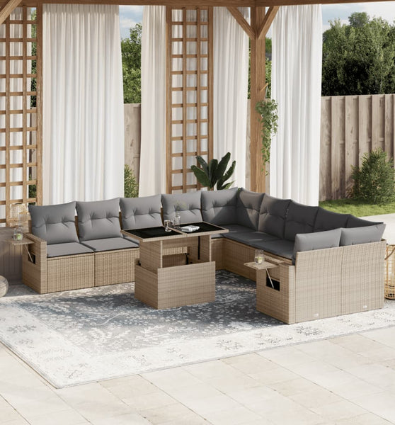 11-tlg. Garten-Sofagarnitur mit Kissen Beige Poly Rattan