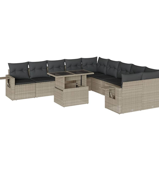 11-tlg. Garten-Sofagarnitur mit Kissen Hellgrau Poly Rattan