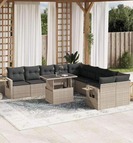 11-tlg. Garten-Sofagarnitur mit Kissen Hellgrau Poly Rattan