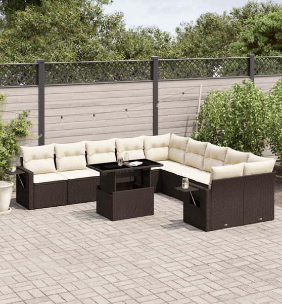 11-tlg. Garten-Sofagarnitur mit Kissen Braun Poly Rattan