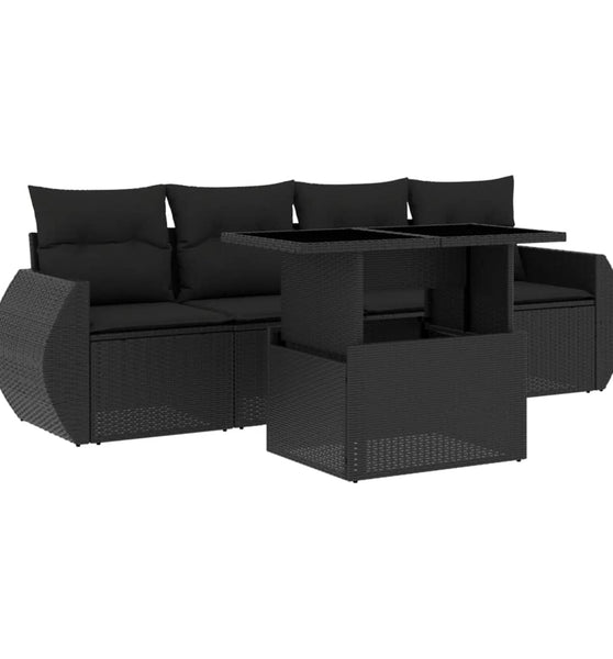5-tlg. Garten-Sofagarnitur mit Kissen Schwarz Poly Rattan