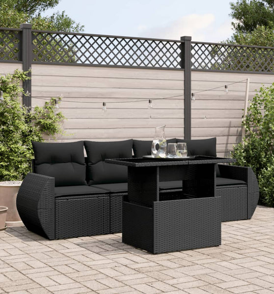5-tlg. Garten-Sofagarnitur mit Kissen Schwarz Poly Rattan