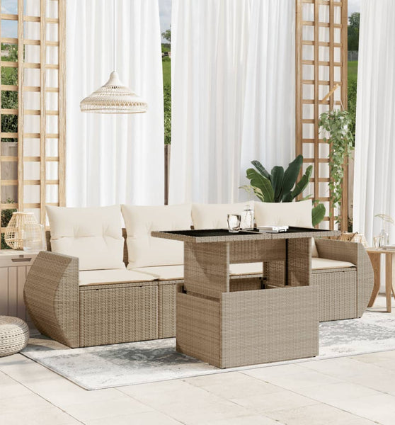 5-tlg. Garten-Sofagarnitur mit Kissen Beige Poly Rattan