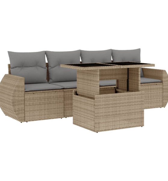 5-tlg. Garten-Sofagarnitur mit Kissen Beige Poly Rattan