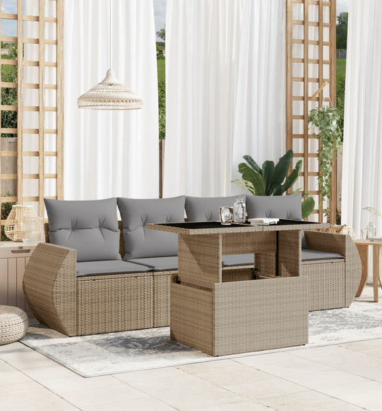 5-tlg. Garten-Sofagarnitur mit Kissen Beige Poly Rattan