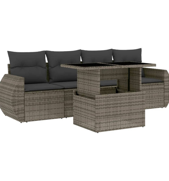 5-tlg. Garten-Sofagarnitur mit Kissen Grau Poly Rattan