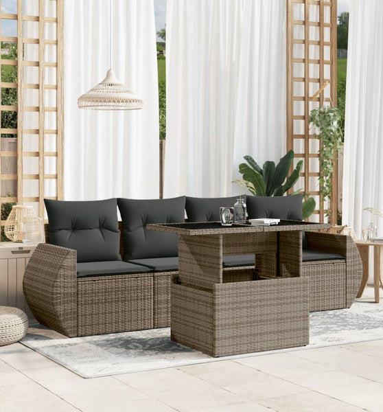 5-tlg. Garten-Sofagarnitur mit Kissen Grau Poly Rattan