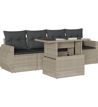 5-tlg. Garten-Sofagarnitur mit Kissen Hellgrau Poly Rattan