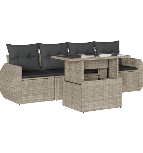5-tlg. Garten-Sofagarnitur mit Kissen Hellgrau Poly Rattan