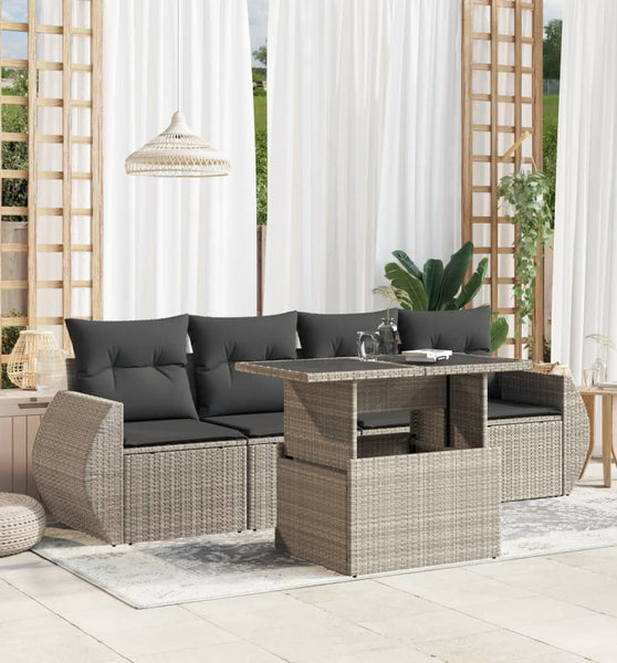 5-tlg. Garten-Sofagarnitur mit Kissen Hellgrau Poly Rattan