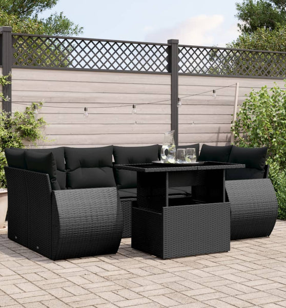 7-tlg. Garten-Sofagarnitur mit Kissen Schwarz Poly Rattan