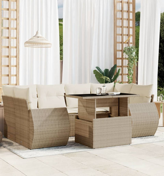 7-tlg. Garten-Sofagarnitur mit Kissen Beige Poly Rattan