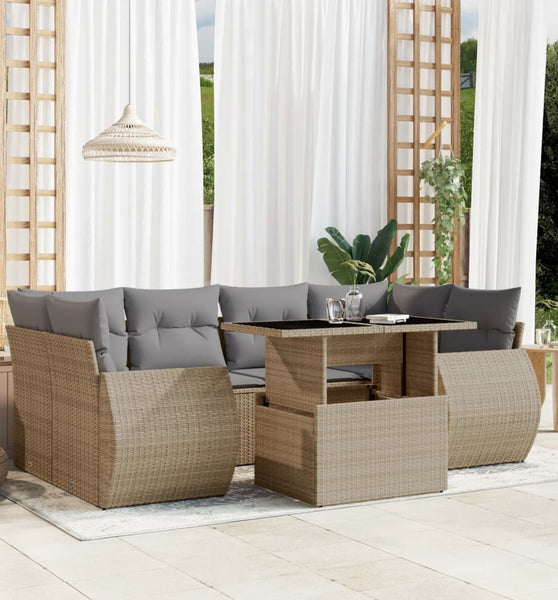 7-tlg. Garten-Sofagarnitur mit Kissen Beige Poly Rattan