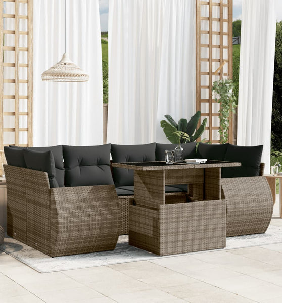 7-tlg. Garten-Sofagarnitur mit Kissen Grau Poly Rattan