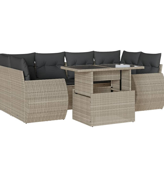 7-tlg. Garten-Sofagarnitur mit Kissen Hellgrau Poly Rattan