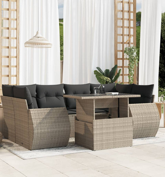 7-tlg. Garten-Sofagarnitur mit Kissen Hellgrau Poly Rattan