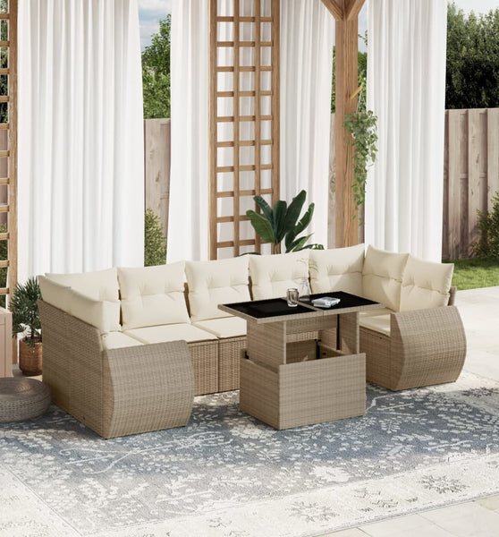 8-tlg. Garten-Sofagarnitur mit Kissen Beige Poly Rattan