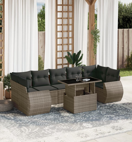 8-tlg. Garten-Sofagarnitur mit Kissen Grau Poly Rattan