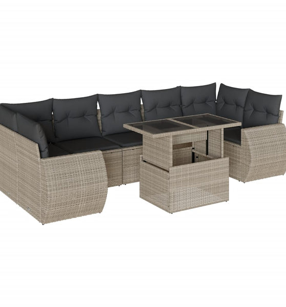 8-tlg. Garten-Sofagarnitur mit Kissen Hellgrau Poly Rattan