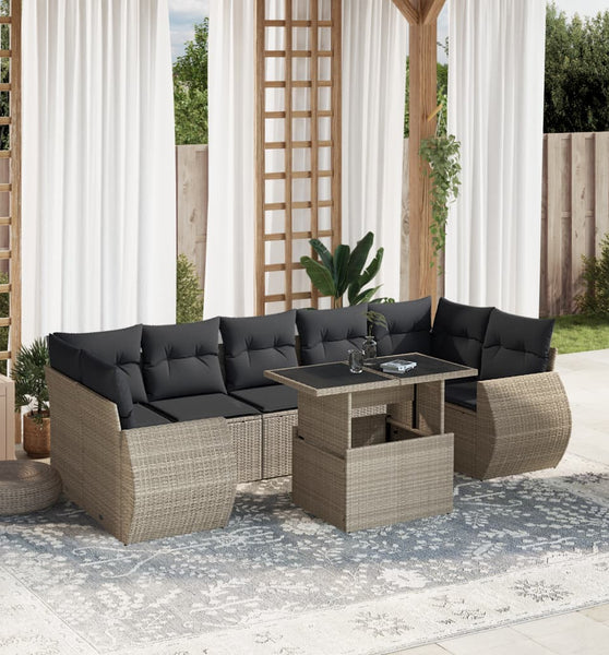 8-tlg. Garten-Sofagarnitur mit Kissen Hellgrau Poly Rattan