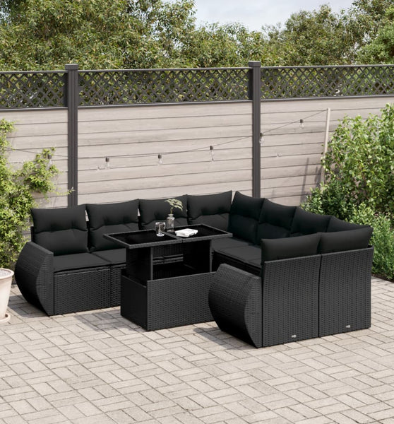 9-tlg. Garten-Sofagarnitur mit Kissen Schwarz Poly Rattan