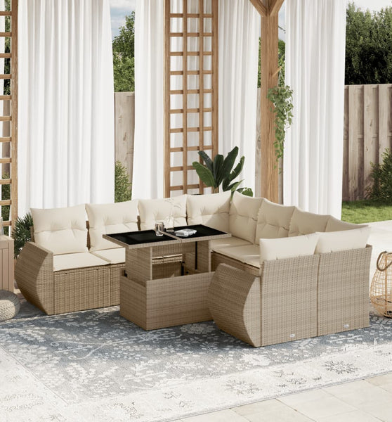 9-tlg. Garten-Sofagarnitur mit Kissen Beige Poly Rattan