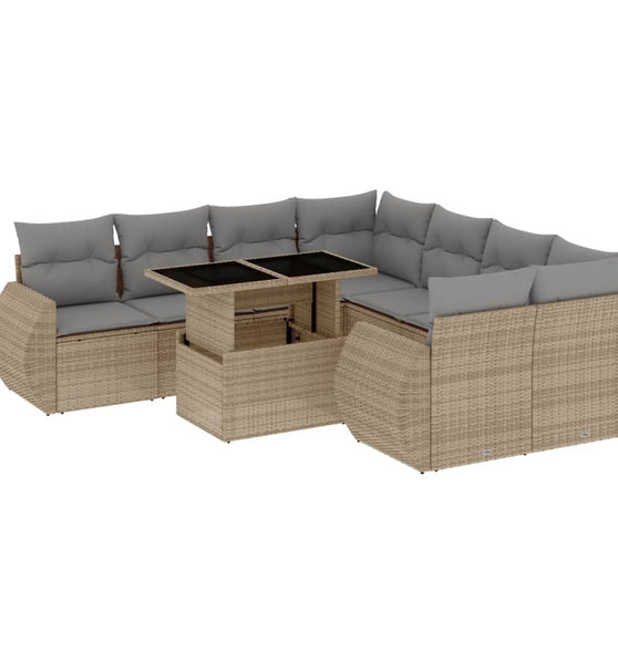 9-tlg. Garten-Sofagarnitur mit Kissen Beige Poly Rattan