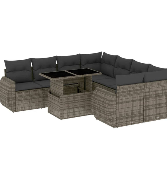 9-tlg. Garten-Sofagarnitur mit Kissen Grau Poly Rattan
