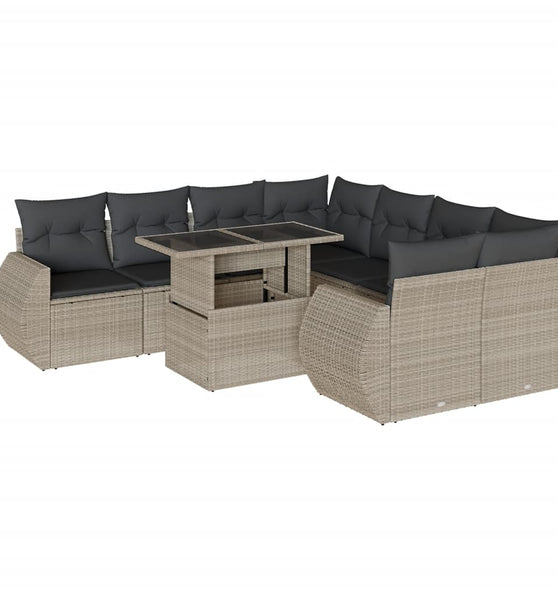 9-tlg. Garten-Sofagarnitur mit Kissen Hellgrau Poly Rattan