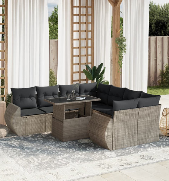 9-tlg. Garten-Sofagarnitur mit Kissen Hellgrau Poly Rattan
