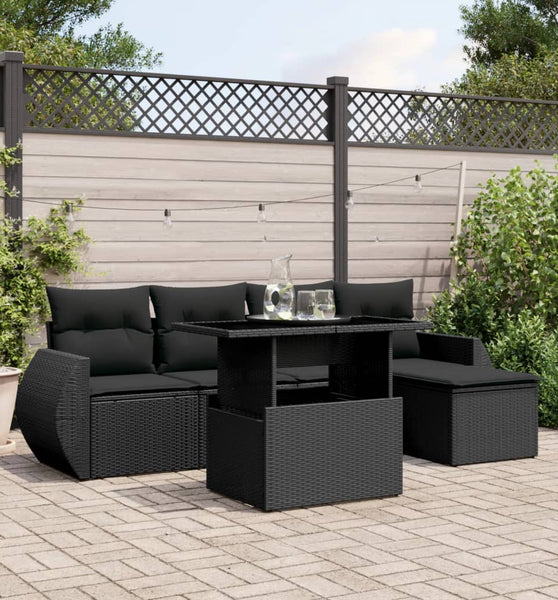 6-tlg. Garten-Sofagarnitur mit Kissen Schwarz Poly Rattan