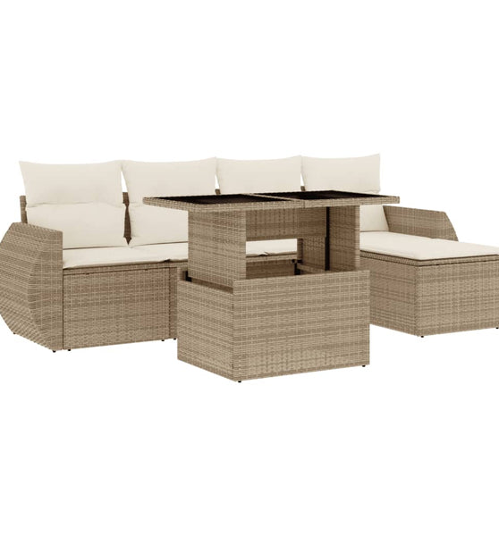 6-tlg. Garten-Sofagarnitur mit Kissen Beige Poly Rattan