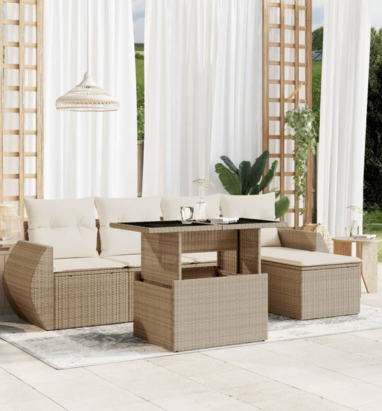 6-tlg. Garten-Sofagarnitur mit Kissen Beige Poly Rattan