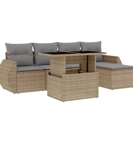 6-tlg. Garten-Sofagarnitur mit Kissen Beige Poly Rattan