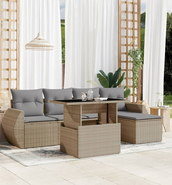 6-tlg. Garten-Sofagarnitur mit Kissen Beige Poly Rattan