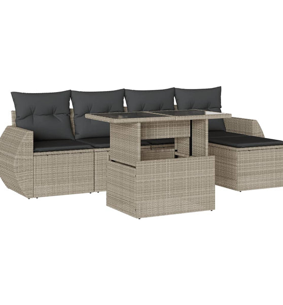6-tlg. Garten-Sofagarnitur mit Kissen Hellgrau Poly Rattan