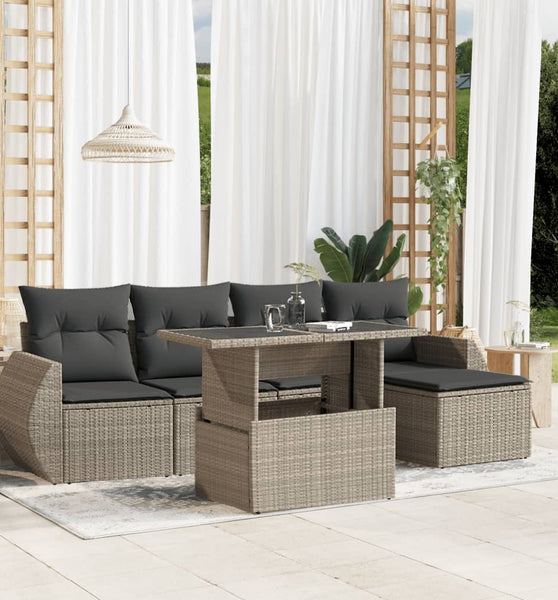 6-tlg. Garten-Sofagarnitur mit Kissen Hellgrau Poly Rattan