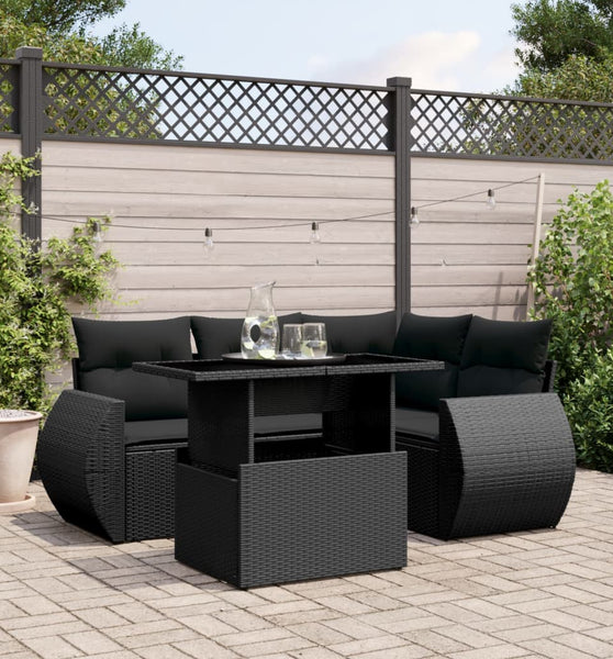 5-tlg. Garten-Sofagarnitur mit Kissen Schwarz Poly Rattan