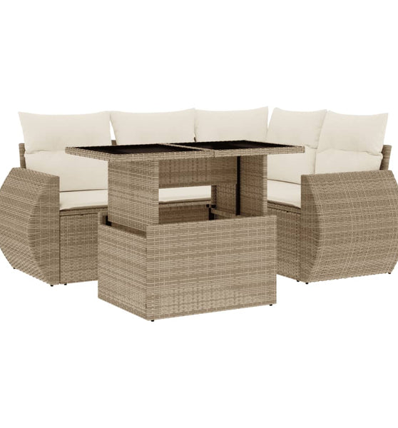 5-tlg. Garten-Sofagarnitur mit Kissen Beige Poly Rattan