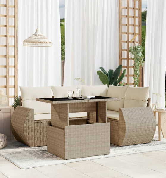 5-tlg. Garten-Sofagarnitur mit Kissen Beige Poly Rattan