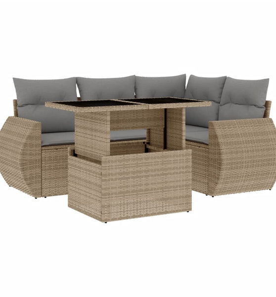 5-tlg. Garten-Sofagarnitur mit Kissen Beige Poly Rattan
