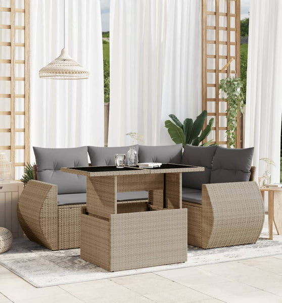 5-tlg. Garten-Sofagarnitur mit Kissen Beige Poly Rattan