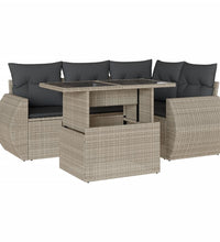 5-tlg. Garten-Sofagarnitur mit Kissen Hellgrau Poly Rattan